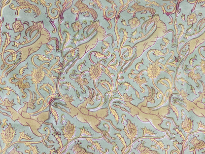 Hand Block Print Cotton Fabric – Sage Animal & Paisley | Mughal Vines