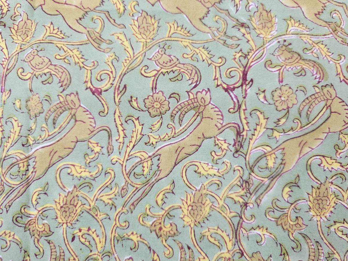 Hand Block Print Cotton Fabric – Sage Animal & Paisley | Mughal Vines
