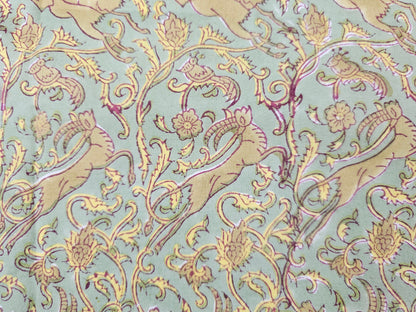 Hand Block Print Cotton Fabric – Sage Animal & Paisley | Mughal Vines