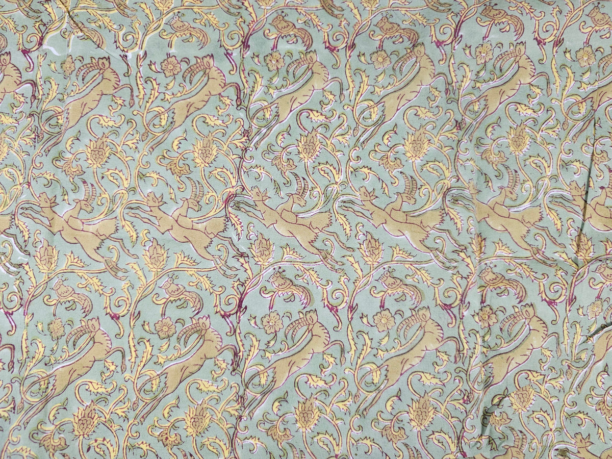 Hand Block Print Cotton Fabric – Sage Animal & Paisley | Mughal Vines