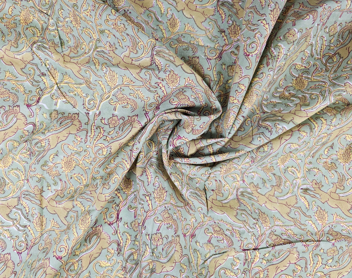 Hand Block Print Cotton Fabric – Sage Animal & Paisley | Mughal Vines