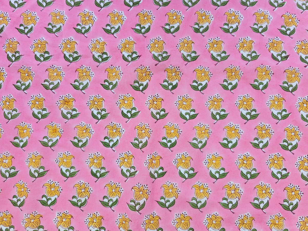 Hand Block Print Cotton Fabric – Pink Floral Motif | Rosebud Motif