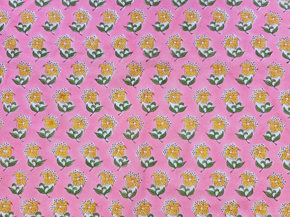 Hand Block Print Cotton Fabric – Pink Floral Motif | Rosebud Motif