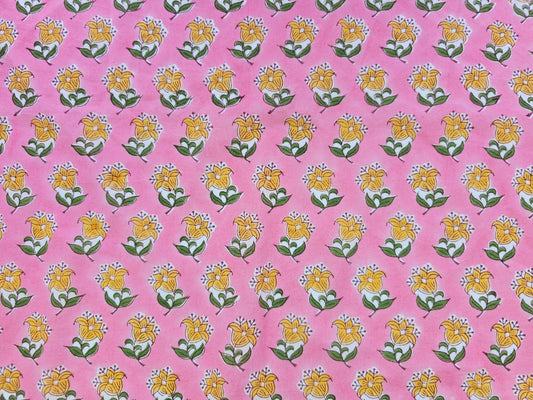 Hand Block Print Cotton Fabric – Pink Floral Motif | Rosebud Motif
