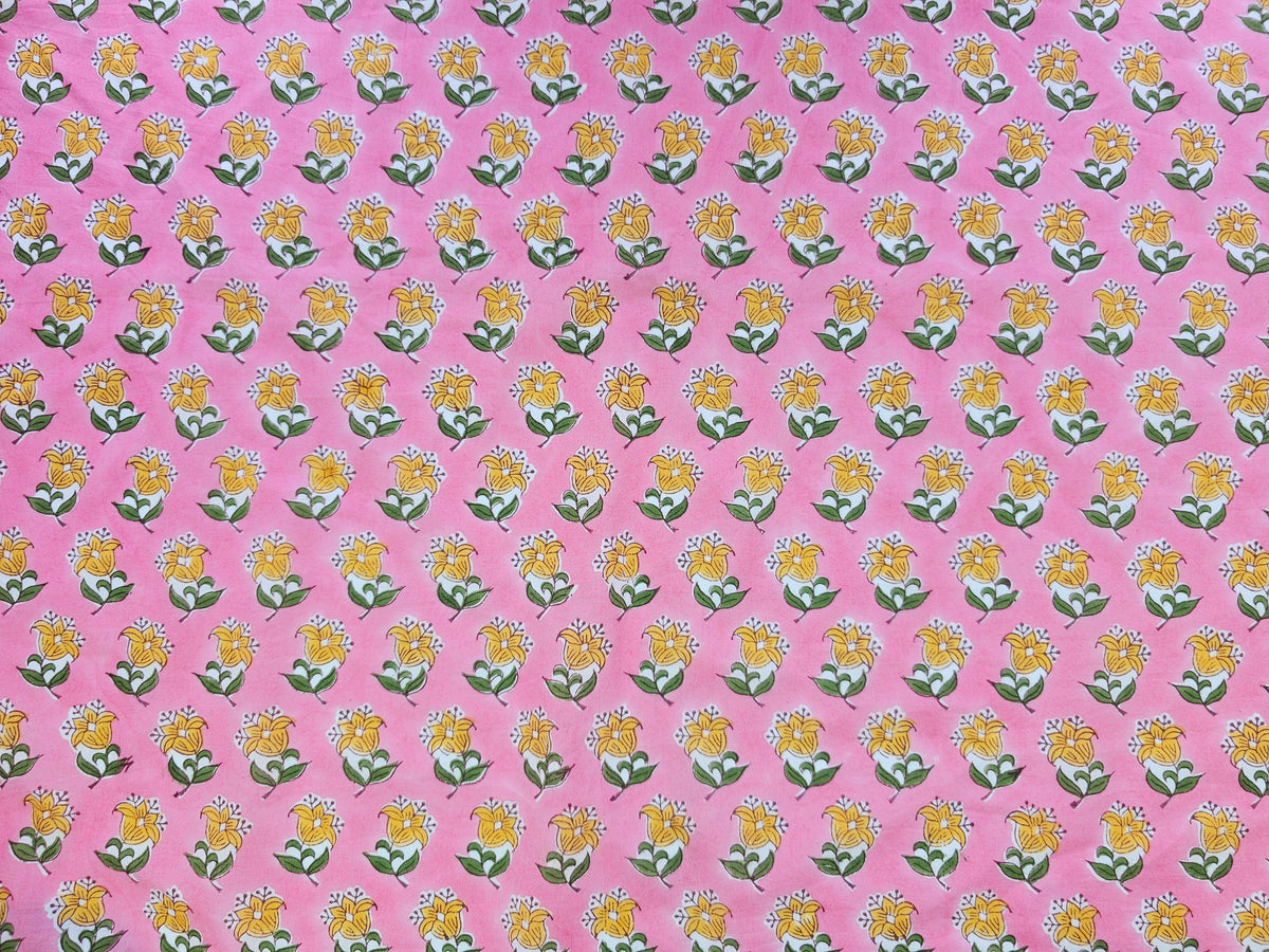 Hand Block Print Cotton Fabric – Pink Floral Motif | Rosebud Motif