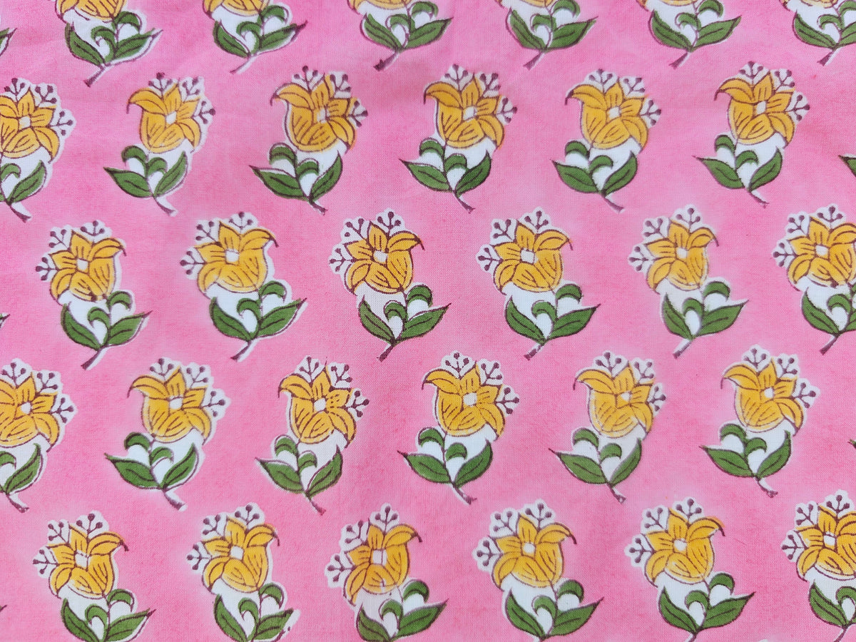 Hand Block Print Cotton Fabric – Pink Floral Motif | Rosebud Motif