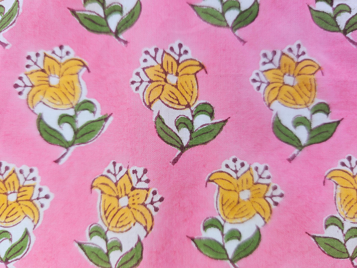Hand Block Print Cotton Fabric – Pink Floral Motif | Rosebud Motif