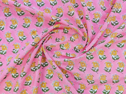 Hand Block Print Cotton Fabric – Pink Floral Motif | Rosebud Motif