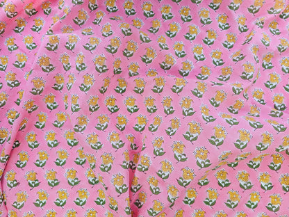 Hand Block Print Cotton Fabric – Pink Floral Motif | Rosebud Motif