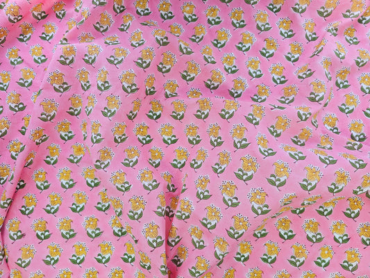 Hand Block Print Cotton Fabric – Pink Floral Motif | Rosebud Motif