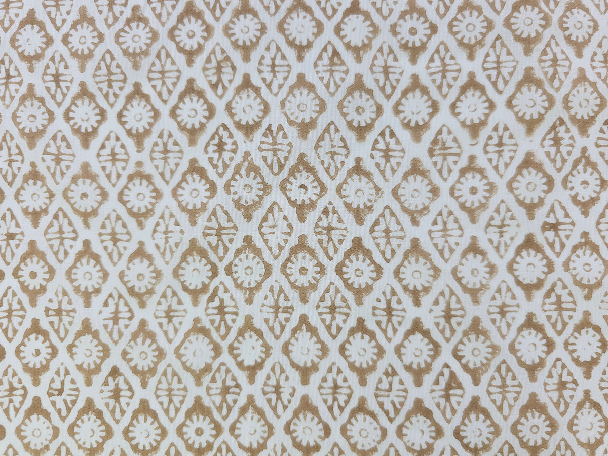Hand Block Print Cotton Fabric – Taupe Floral Lattice | Stone Lattice
