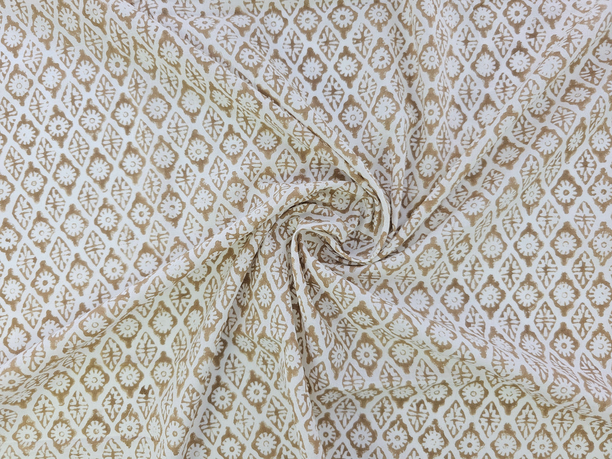 Hand Block Print Cotton Fabric – Taupe Floral Lattice | Stone Lattice