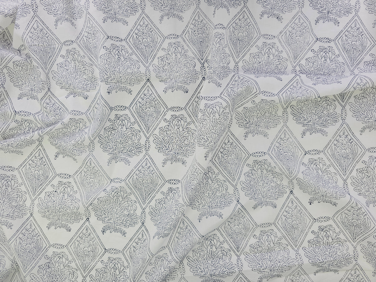 Hand Block Print Cotton Fabric – Indigo Botanical Lattice | Ink Canopy
