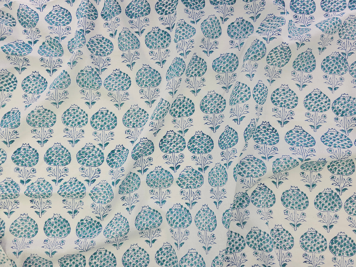 Hand Block Print Cotton Fabric – Blue Floral Bouquet | Blue Posy