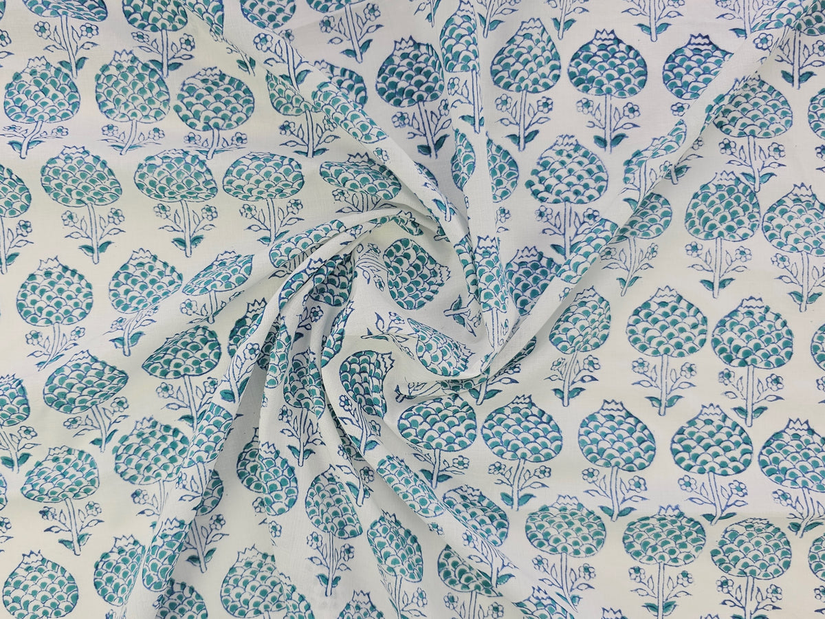 Hand Block Print Cotton Fabric – Blue Floral Bouquet | Blue Posy
