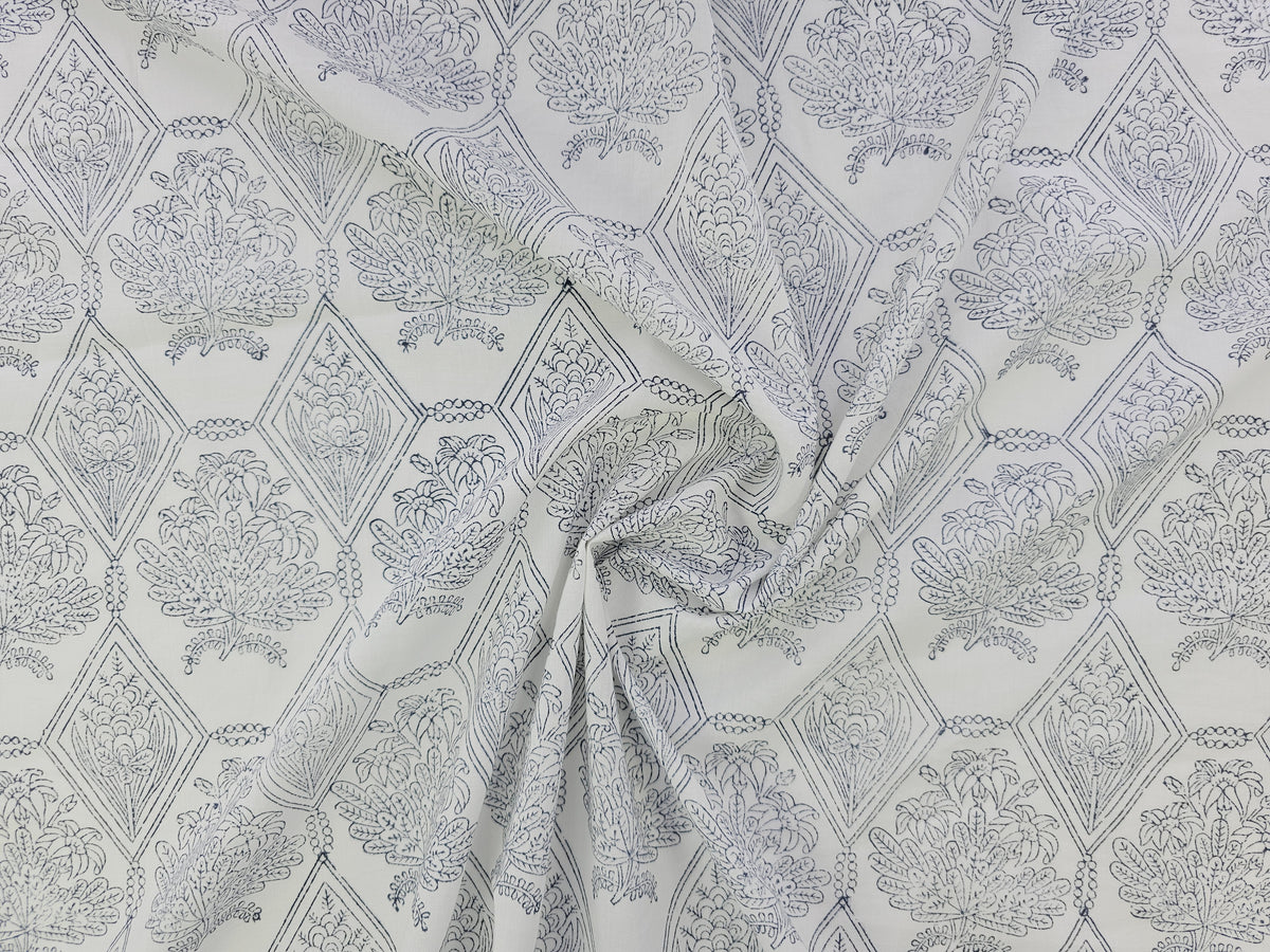 Hand Block Print Cotton Fabric – Indigo Botanical Lattice | Ink Canopy