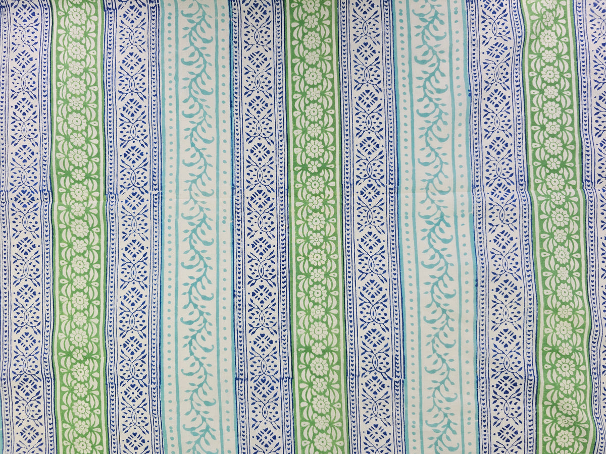 Hand Block Print Cotton Fabric – Blue & Green Border Stripe | Heritage Stripes