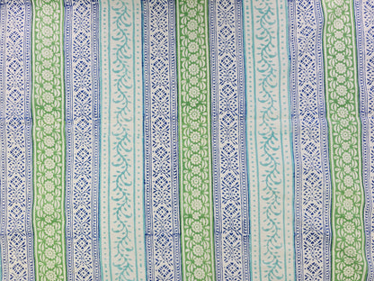 Hand Block Print Cotton Fabric – Blue & Green Border Stripe | Heritage Stripes