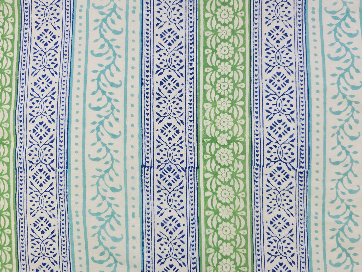 Hand Block Print Cotton Fabric – Blue & Green Border Stripe | Heritage Stripes