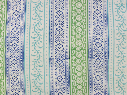 Hand Block Print Cotton Fabric – Blue & Green Border Stripe | Heritage Stripes