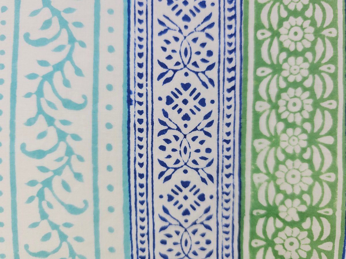 Hand Block Print Cotton Fabric – Blue & Green Border Stripe | Heritage Stripes