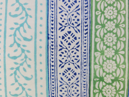 Hand Block Print Cotton Fabric – Blue & Green Border Stripe | Heritage Stripes