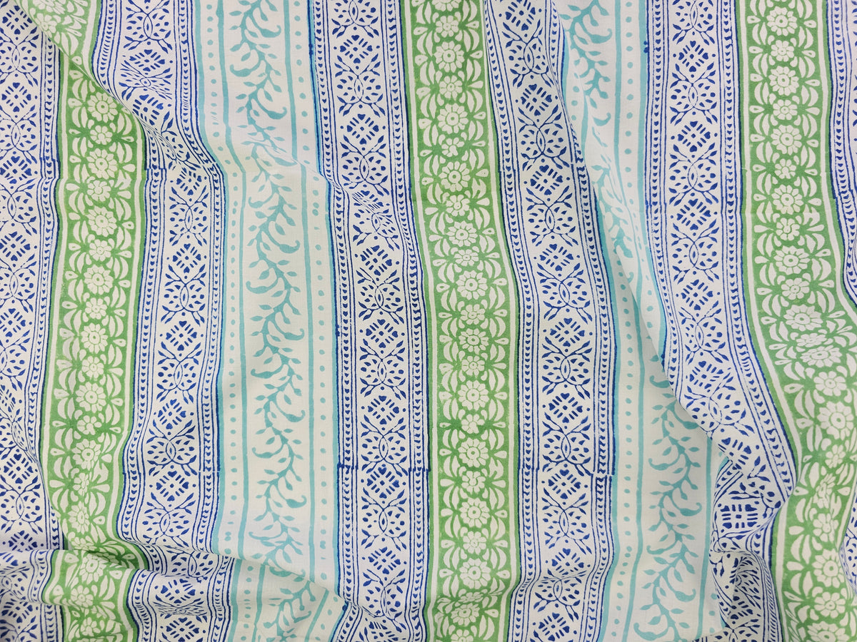 Hand Block Print Cotton Fabric – Blue & Green Border Stripe | Heritage Stripes