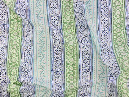 Hand Block Print Cotton Fabric – Blue & Green Border Stripe | Heritage Stripes
