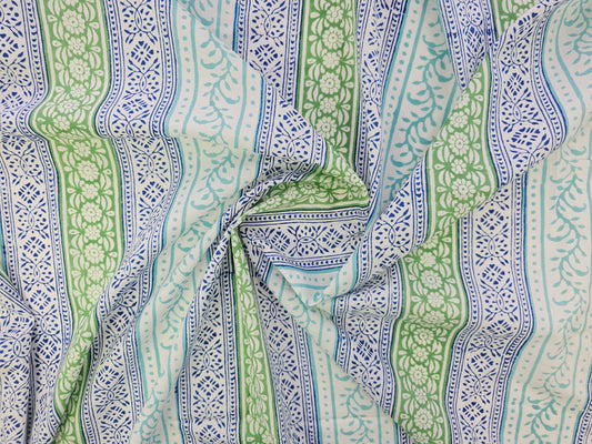 Hand Block Print Cotton Fabric – Blue & Green Border Stripe | Heritage Stripes