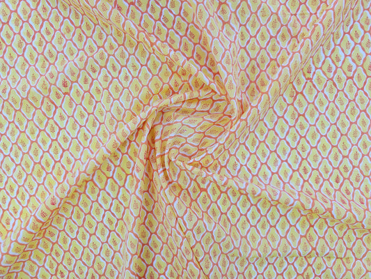 Hand Block Print Cotton Fabric – Yellow Geometric Lattice | Golden Trellis
