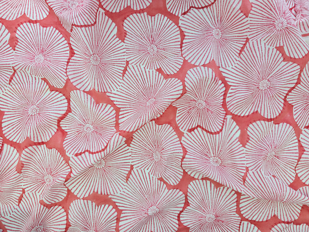Hand Block Print Cotton Fabric – Coral Radial Floral | Coral Sunburst
