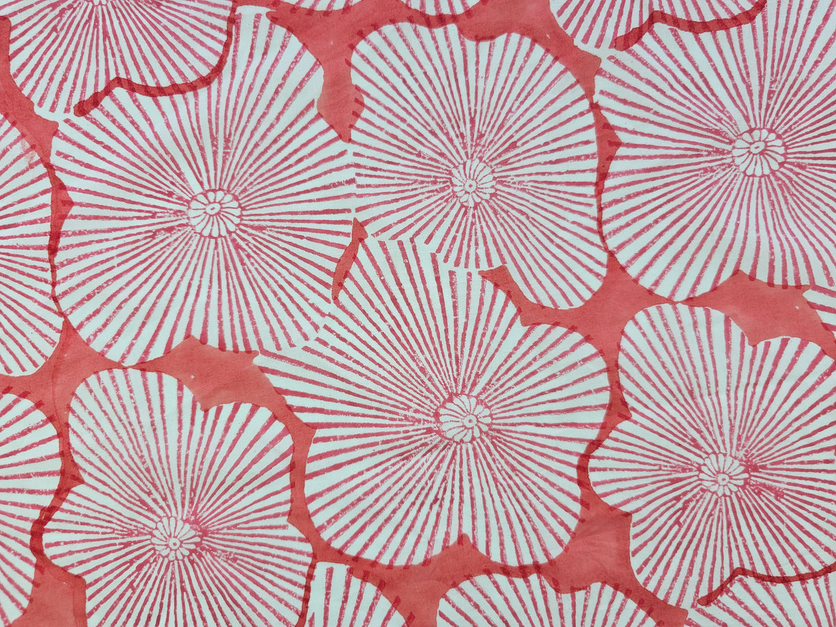 Hand Block Print Cotton Fabric – Coral Radial Floral | Coral Sunburst
