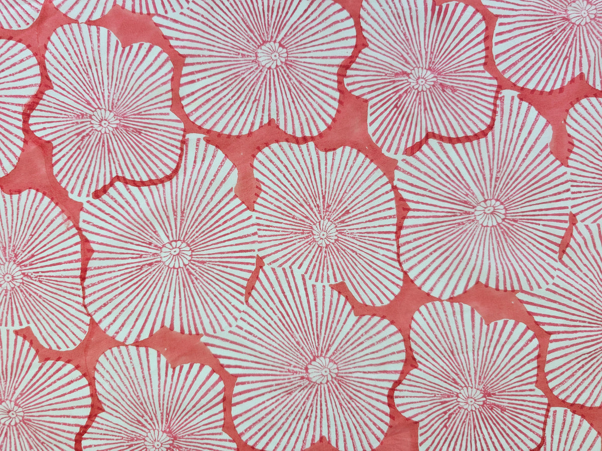Hand Block Print Cotton Fabric – Coral Radial Floral | Coral Sunburst