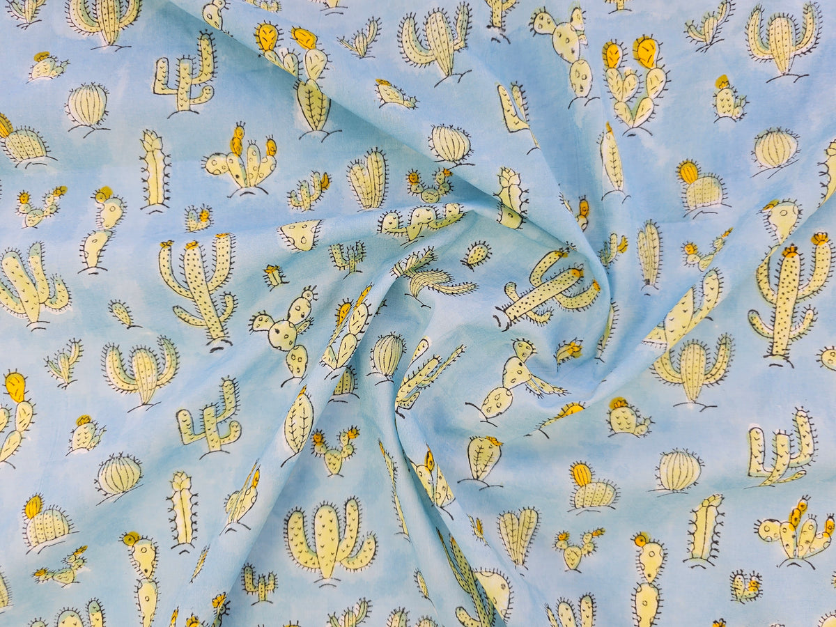 Hand Block Print Cotton Fabric – Blue Botanical Seedpods | Desert Bloom