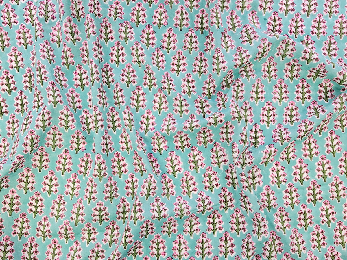 Hand Block Print Cotton Fabric – Aqua Floral Motif | Aqua Meadow