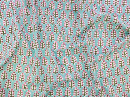 Hand Block Print Cotton Fabric – Aqua Floral Motif | Aqua Meadow
