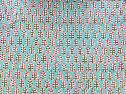 Hand Block Print Cotton Fabric – Aqua Floral Motif | Aqua Meadow
