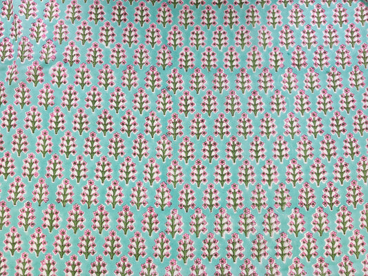 Hand Block Print Cotton Fabric – Aqua Floral Motif | Aqua Meadow