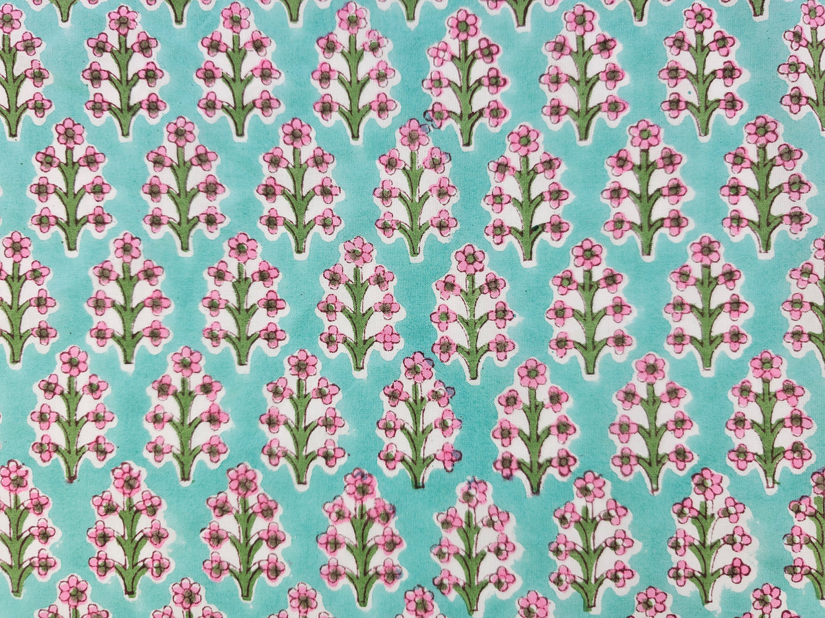 Hand Block Print Cotton Fabric – Aqua Floral Motif | Aqua Meadow