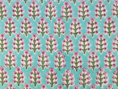 Hand Block Print Cotton Fabric – Aqua Floral Motif | Aqua Meadow