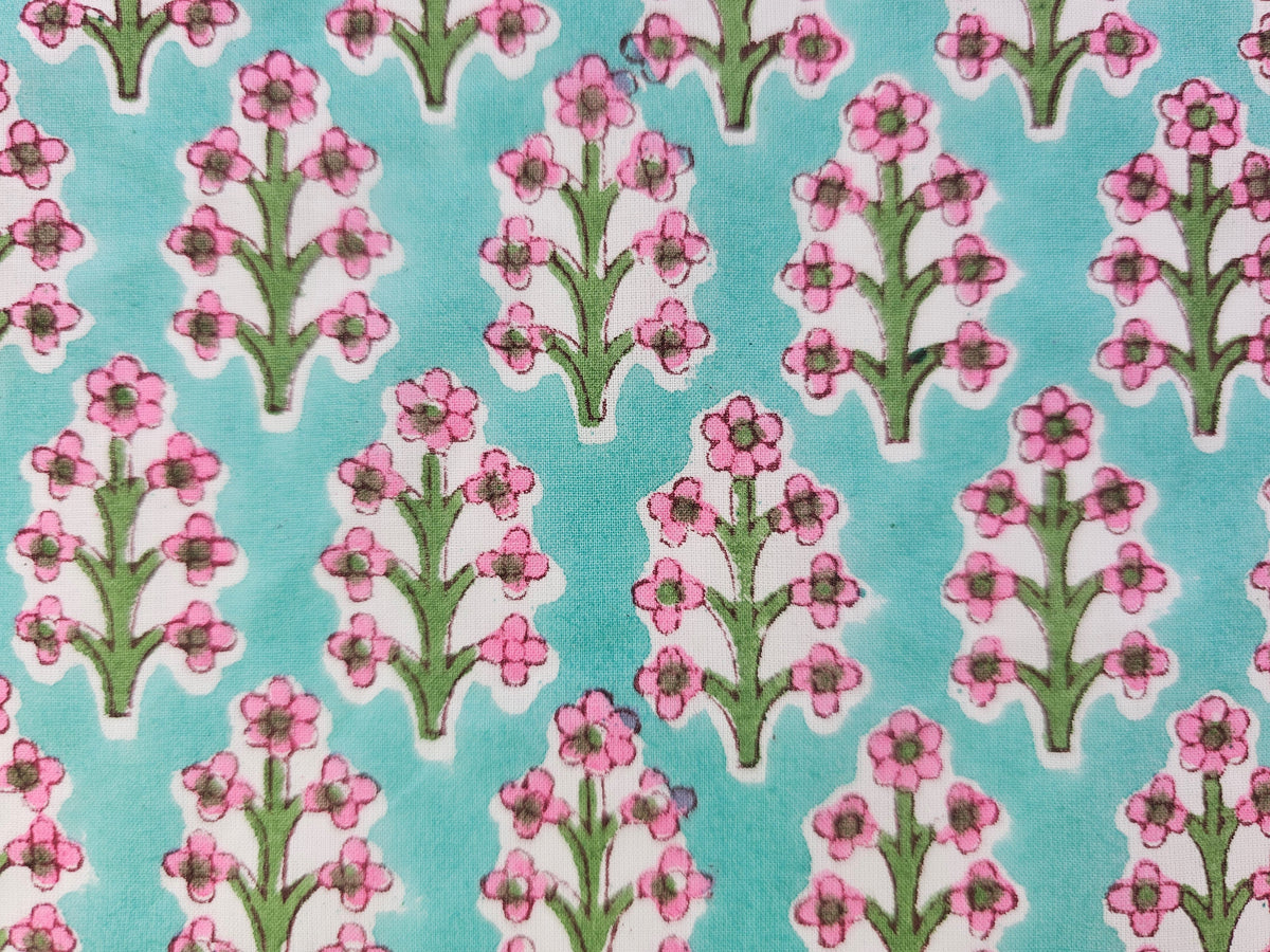 Hand Block Print Cotton Fabric – Aqua Floral Motif | Aqua Meadow