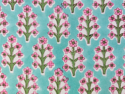 Hand Block Print Cotton Fabric – Aqua Floral Motif | Aqua Meadow
