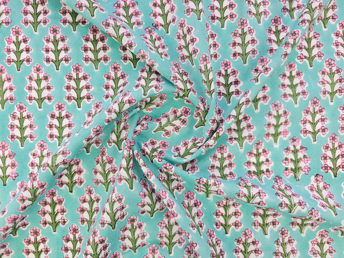 Hand Block Print Cotton Fabric – Aqua Floral Motif | Aqua Meadow