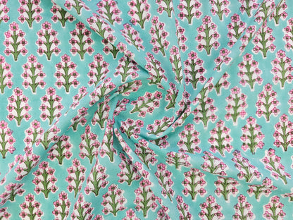 Hand Block Print Cotton Fabric – Aqua Floral Motif | Aqua Meadow