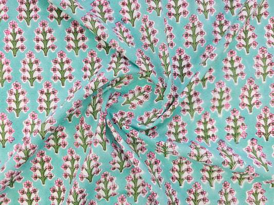Hand Block Print Cotton Fabric – Aqua Floral Motif | Aqua Meadow