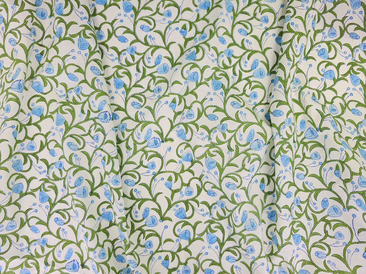 Hand Block Print Cotton Fabric – Blue Botanical | Bluebell Vine