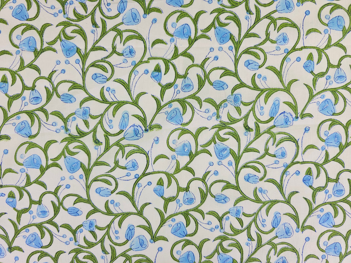 Hand Block Print Cotton Fabric – Blue Botanical | Bluebell Vine