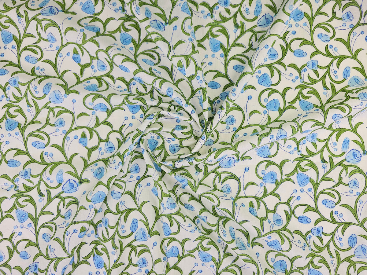 Hand Block Print Cotton Fabric – Blue Botanical | Bluebell Vine