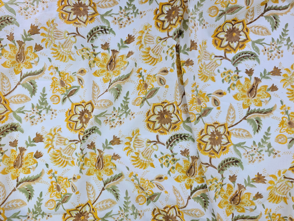 Hand Block Print Cotton Fabric - Mustard Botanical Floral | Golden Meadow