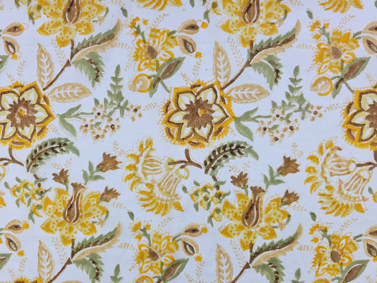 Hand Block Print Cotton Fabric - Mustard Botanical Floral | Golden Meadow